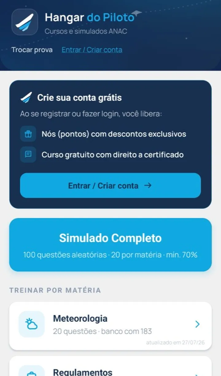 Hangar do Piloto home screen, with a full practice exam and training by subject.