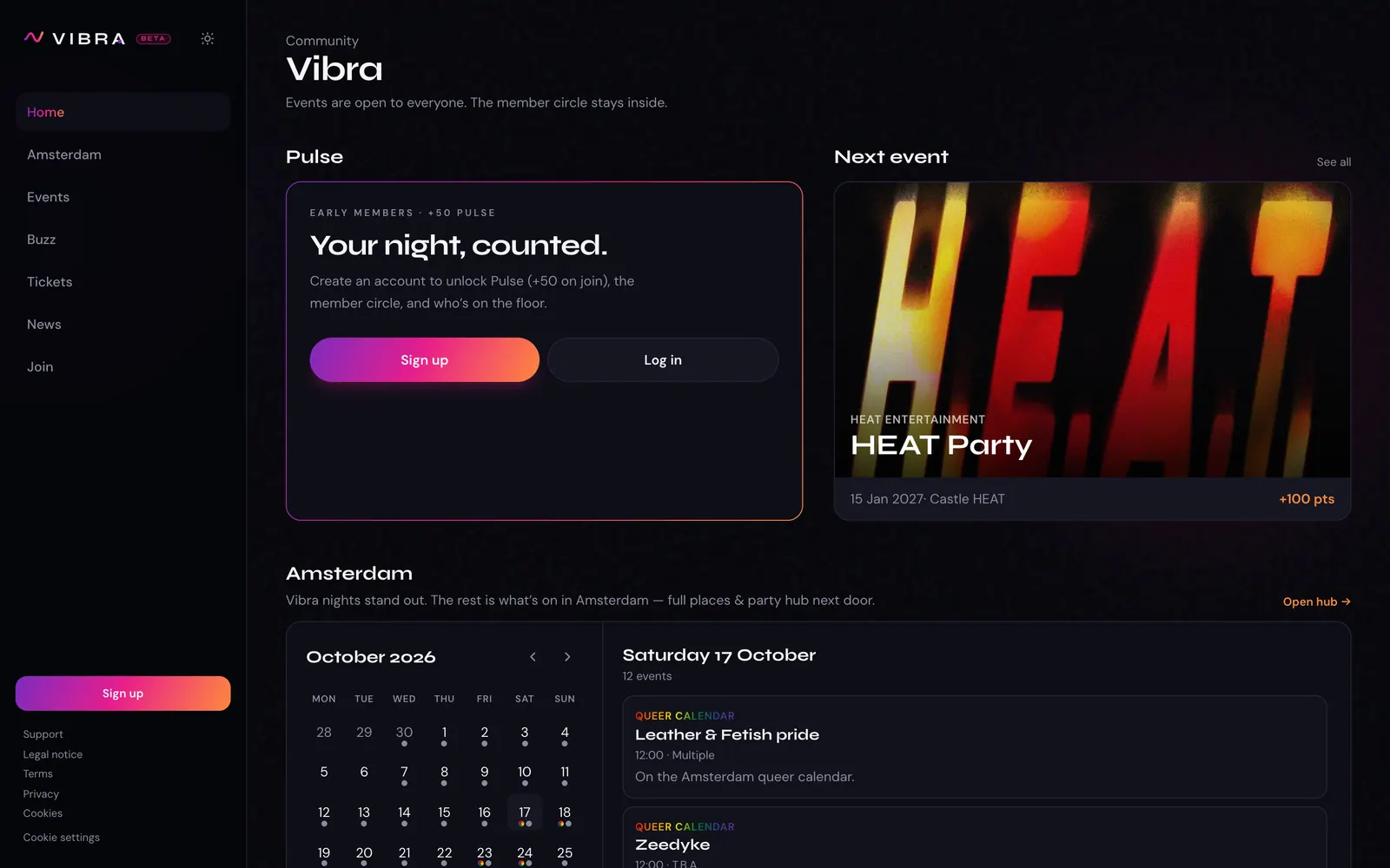 Vibra product home: a dark interface with member points, the next event, and the Amsterdam calendar.